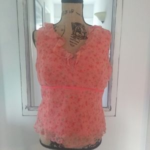 Lined Ruffle Front Sheer Overlay Floral Top